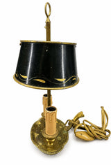 Antique Brass Bouillotte Lamp, Oval Base Two-Light Lamp with Black Tole Shade and Ring Finial