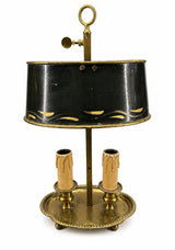 Antique Brass Bouillotte Lamp, Oval Base Two-Light Lamp with Black Tole Shade and Ring Finial