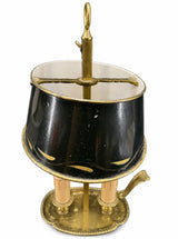 Antique Brass Bouillotte Lamp, Oval Base Two-Light Lamp with Black Tole Shade and Ring Finial