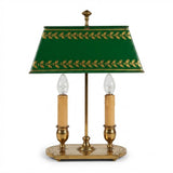 Antique French Bouillotte Lamp, Green Tole Rectangular Shade with Gilt Leaf Border, 19th Century, Two-Light