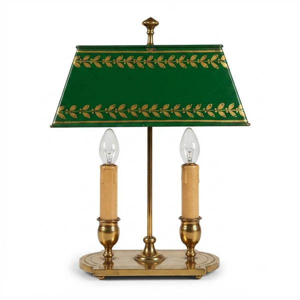 Antique French Bouillotte Lamp, Green Tole Rectangular Shade with Gilt Leaf Border, 19th Century, Two-Light