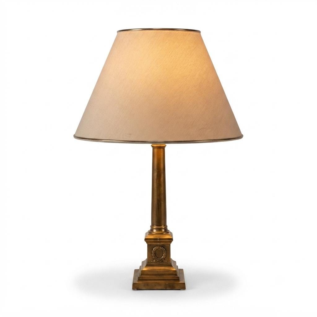 Empire Style Brass Column Table Lamp, Laurel Wreath Base, 1980s Desk or Living Room Lamp