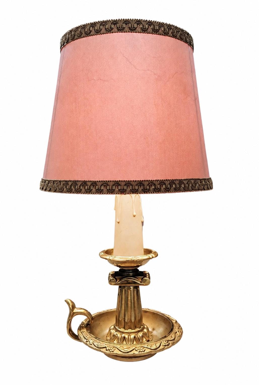 French Chamberstick Lamp, Gilt Metal Column Candlestick Table Lamp with Shade — 1950s–60s