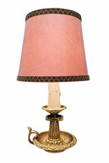 French Chamberstick Lamp, Gilt Metal Column Candlestick Table Lamp with Shade — 1950s–60s