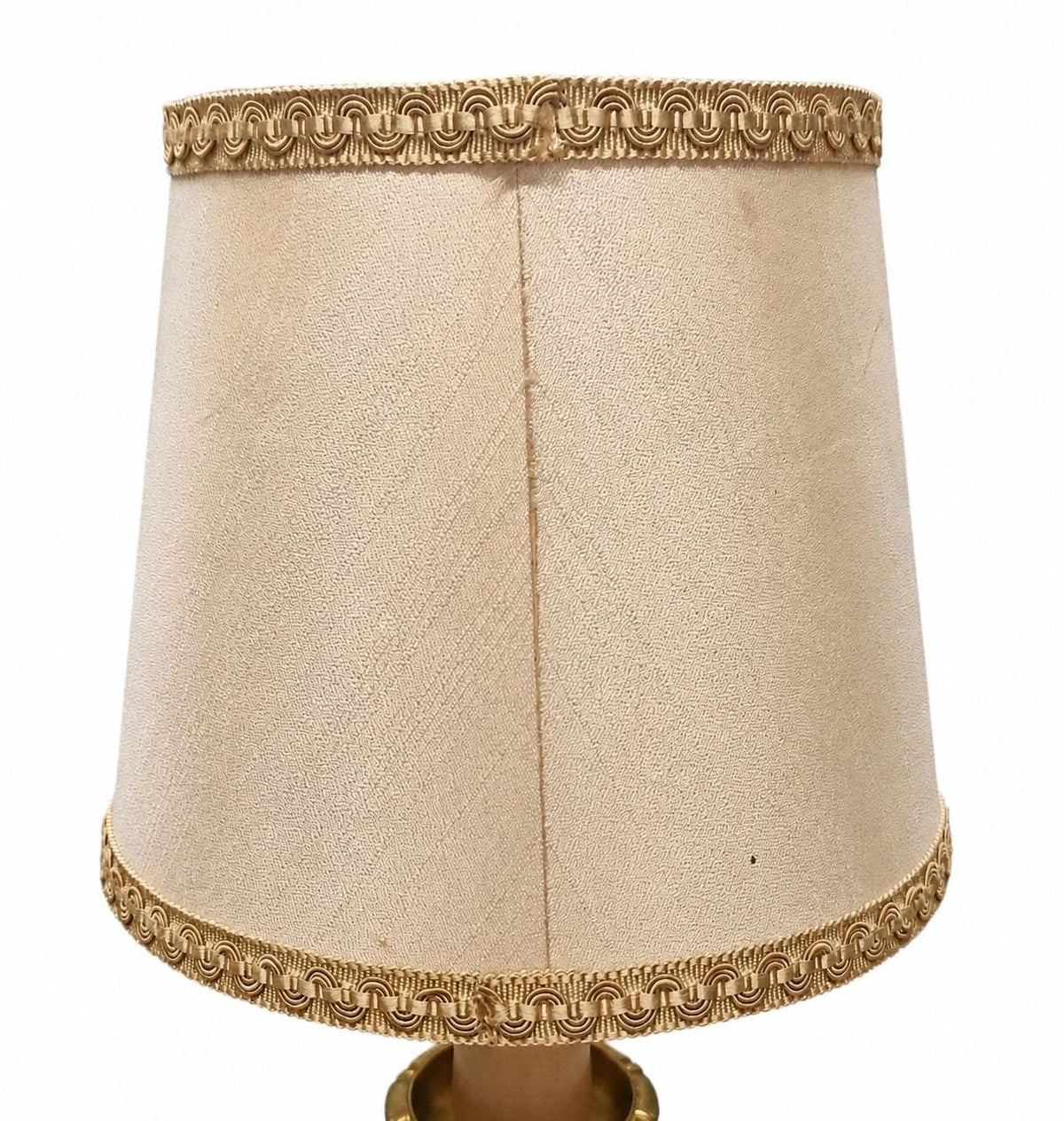 French Chamberstick Lamp, Gilt Metal Column Candlestick Table Lamp with Shade — 1950s–60s