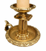 French Chamberstick Lamp, Gilt Metal Column Candlestick Table Lamp with Shade — 1950s–60s