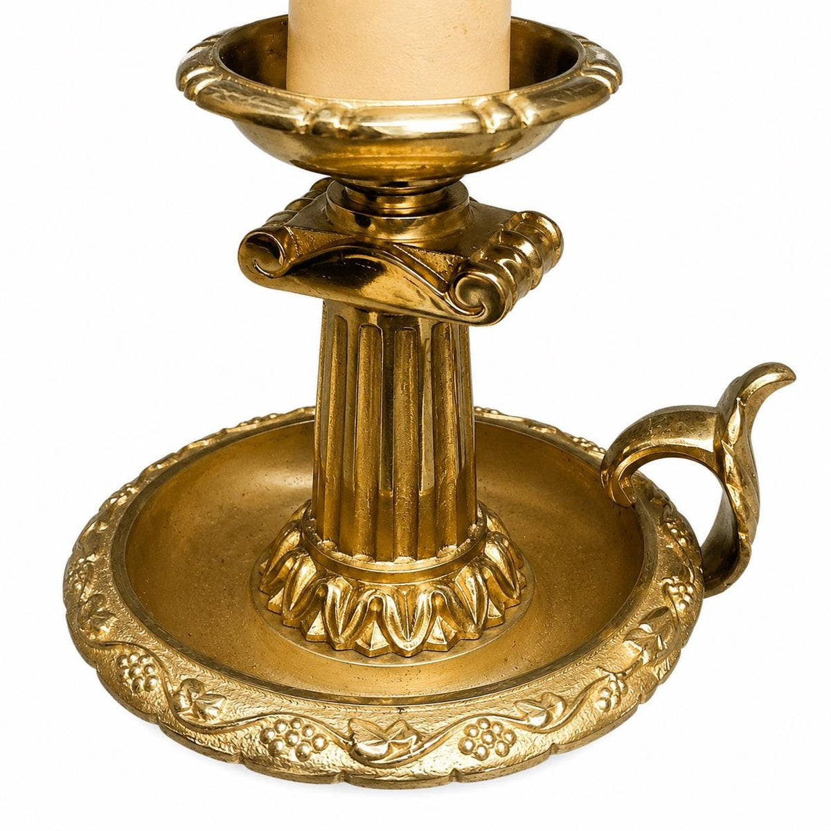 French Chamberstick Lamp, Gilt Metal Column Candlestick Table Lamp with Shade — 1950s–60s