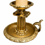 French Chamberstick Lamp, Gilt Metal Column Candlestick Table Lamp with Shade — 1950s–60s
