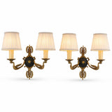 Pair of Antique Bronze Wall Sconces, Two-Arm Sconces with Scrolled Bird-Form Arms and Fan Motif