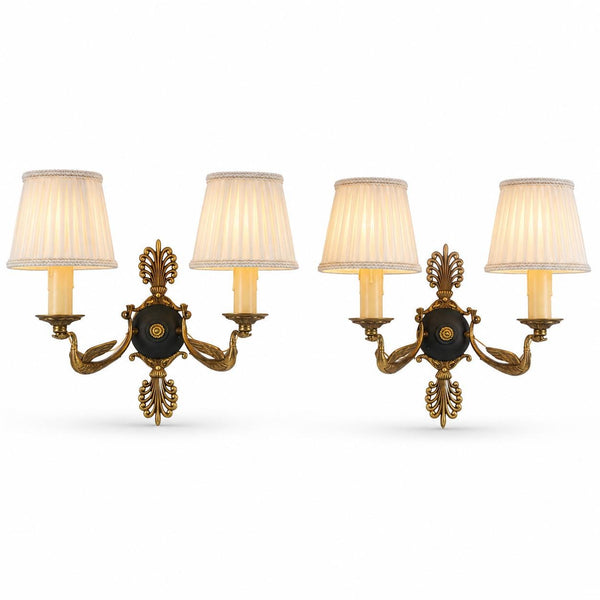 Pair of Antique Bronze Wall Sconces, Two-Arm Sconces with Scrolled Bird-Form Arms and Fan Motif