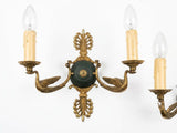 Pair of Antique Bronze Wall Sconces, Two-Arm Sconces with Scrolled Bird-Form Arms and Fan Motif