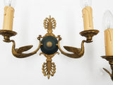 Pair of Antique Bronze Wall Sconces, Two-Arm Sconces with Scrolled Bird-Form Arms and Fan Motif