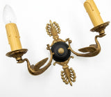 Pair of Antique Bronze Wall Sconces, Two-Arm Sconces with Scrolled Bird-Form Arms and Fan Motif