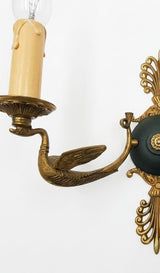 Pair of Antique Bronze Wall Sconces, Two-Arm Sconces with Scrolled Bird-Form Arms and Fan Motif