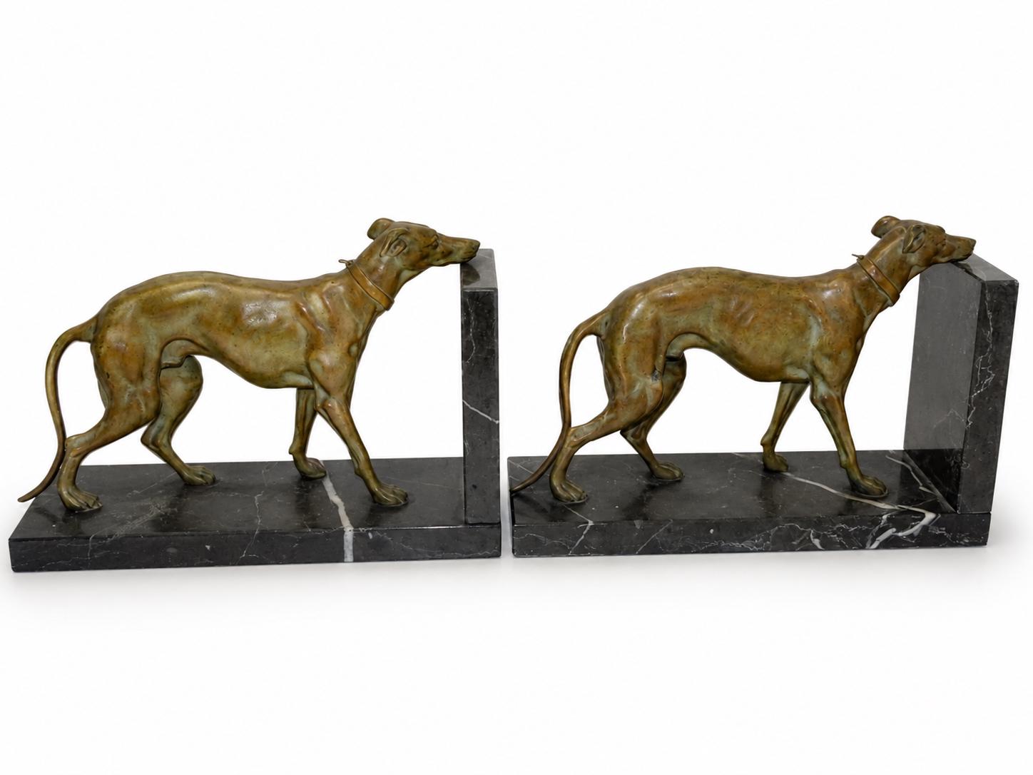 Pair of Art Deco Greyhound Bookends, Régule Dog Figures with Bronze Patina on Black Marble Bases