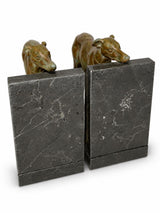 Pair of Art Deco Greyhound Bookends, Régule Dog Figures with Bronze Patina on Black Marble Bases