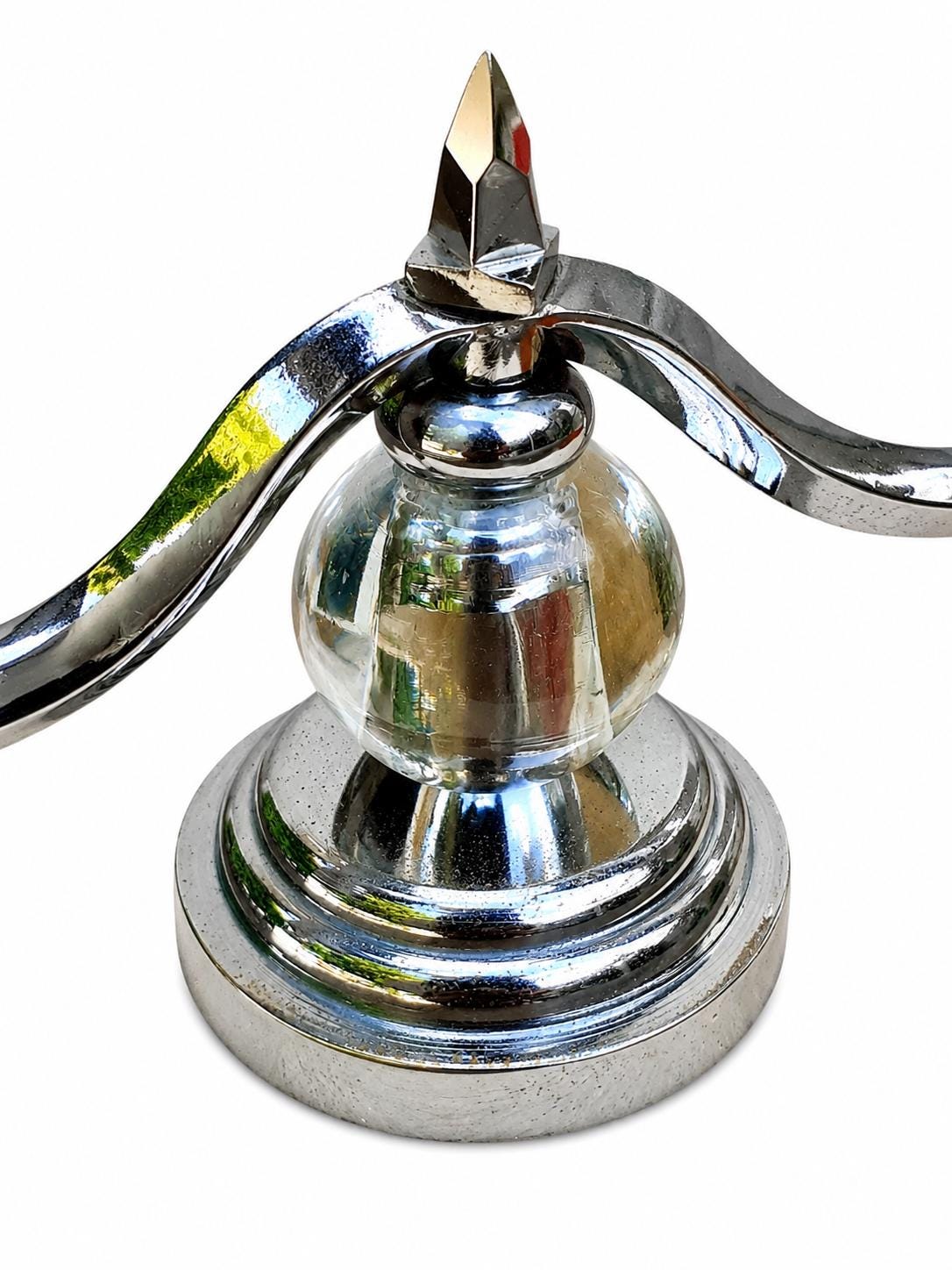 Art Deco Candelabra Lamp, Chrome Two Arm Table Lamp with Glass Ball, Adnet Style — French, 1930s Style