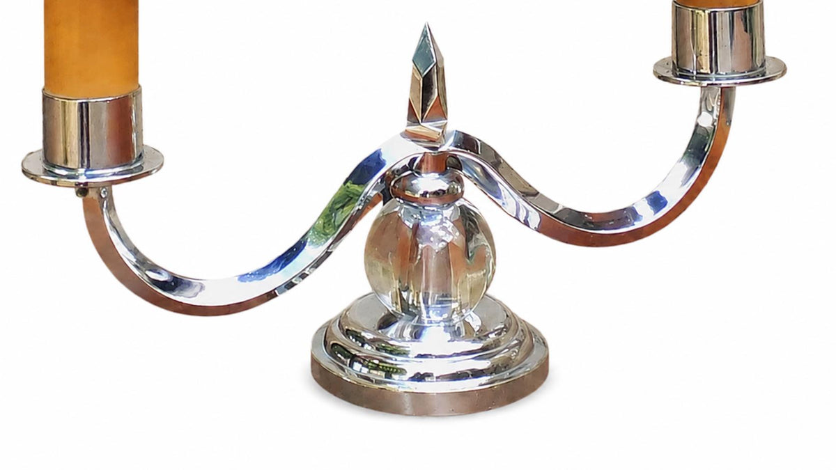 Art Deco Candelabra Lamp, Chrome Two Arm Table Lamp with Glass Ball, Adnet Style — French, 1930s Style