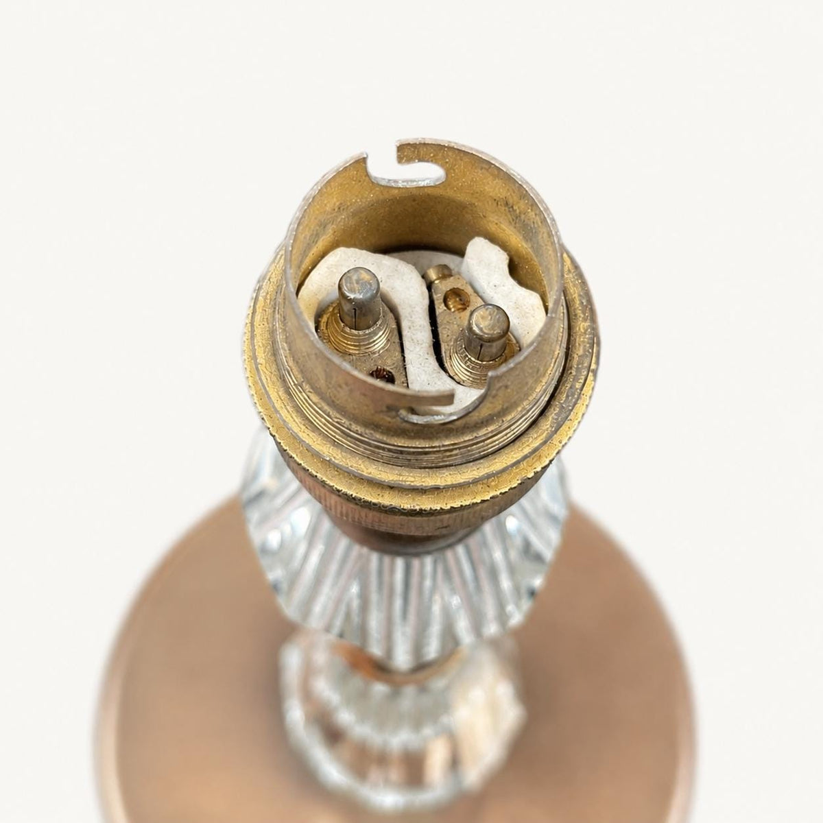 Crystal Table Lamp Base, Faceted Glass and Brass Modernist Bedside Lamp — French, 1950s Design
