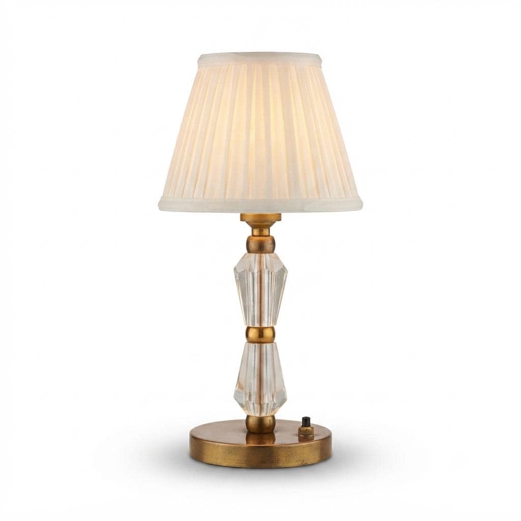 Crystal Table Lamp Base, Faceted Glass and Brass Modernist Bedside Lamp — French, 1950s Design