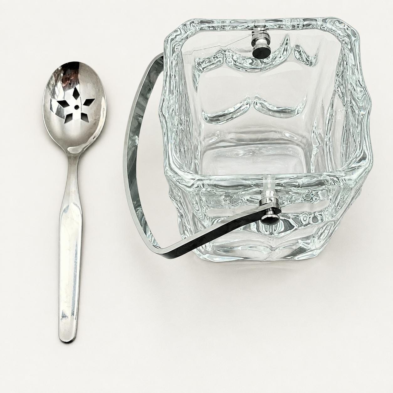 Crystal Ice Bucket, Cristal de Sevres Square Ice Pail with Chrome Handle and Spoon — French, 1970s Design