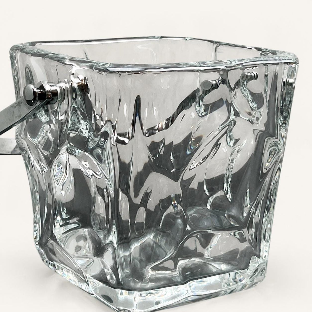 Crystal Ice Bucket, Cristal de Sevres Square Ice Pail with Chrome Handle and Spoon — French, 1970s Design