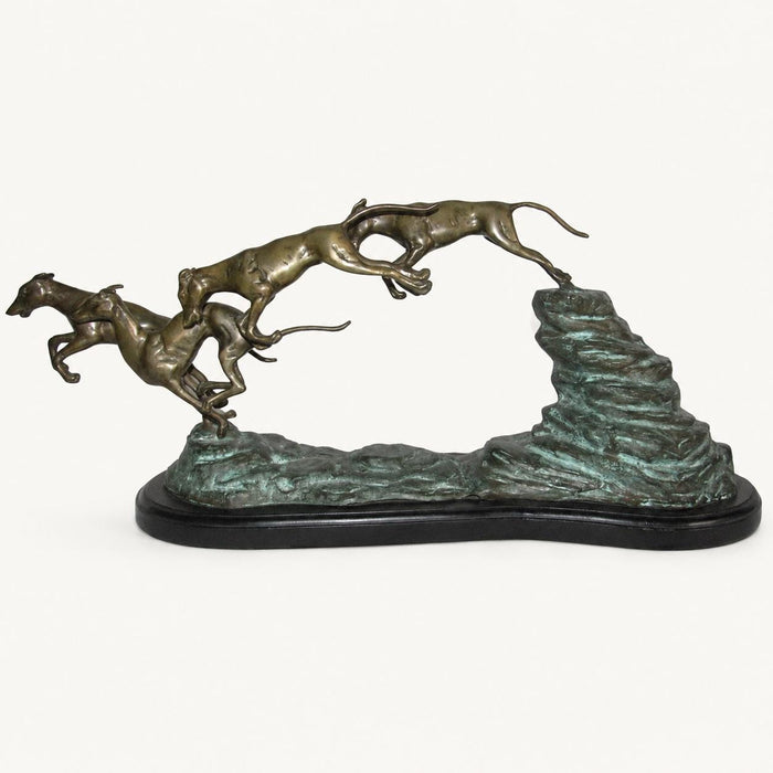 Greyhound Sculpture, Three Running Dogs Leaping from Rock, Two Tone Patina, Art Deco Style