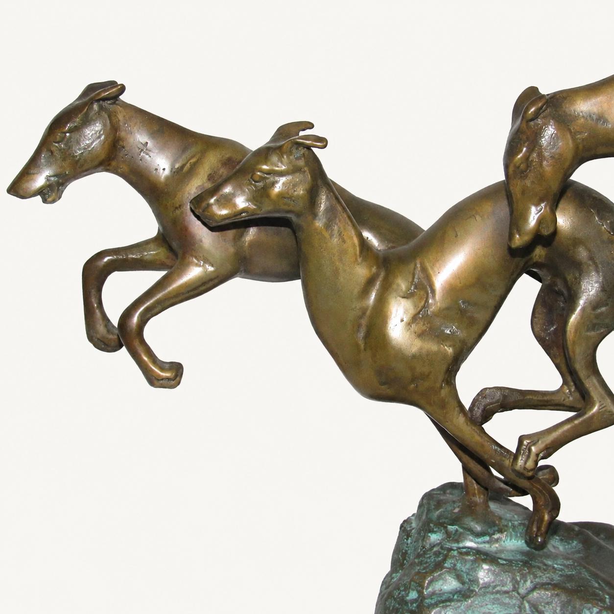 Greyhound Sculpture, Three Running Dogs Leaping from Rock, Two Tone Patina, Art Deco Style