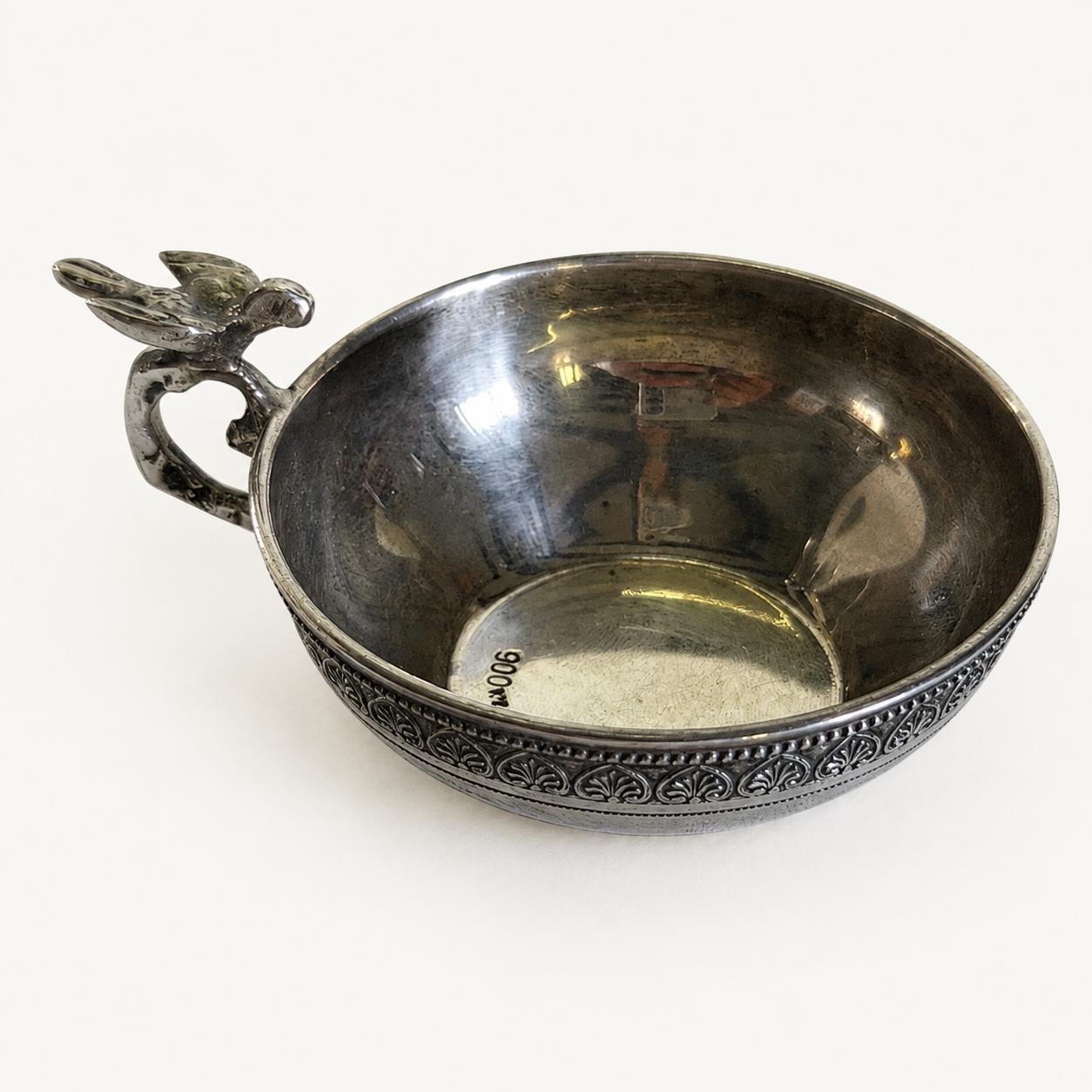 Silver Wine Taster, 900 Silver Tastevin Cup with Bird Handle, Palmette Border — Continental