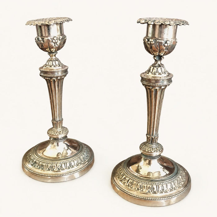 Louis XVI Style Candlesticks Pair, Gilt Metal Fluted Candle Holders, Chased Foliage — French, 19th Century Attribution