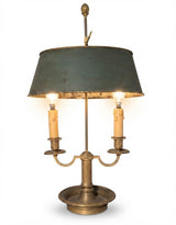 French Bouillotte Lamp, Louis XVI Style Two Light Lamp with Green Tole Shade — 19th Century Attribution
