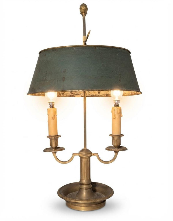 French Bouillotte Lamp, Louis XVI Style Two Light Lamp with Green Tole Shade — 19th Century Attribution