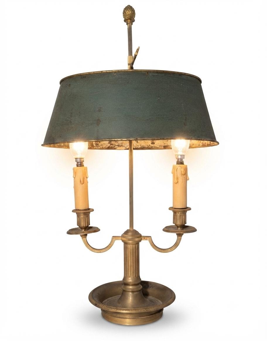 French Bouillotte Lamp, Louis XVI Style Two Light Lamp with Green Tole Shade — 19th Century Attribution