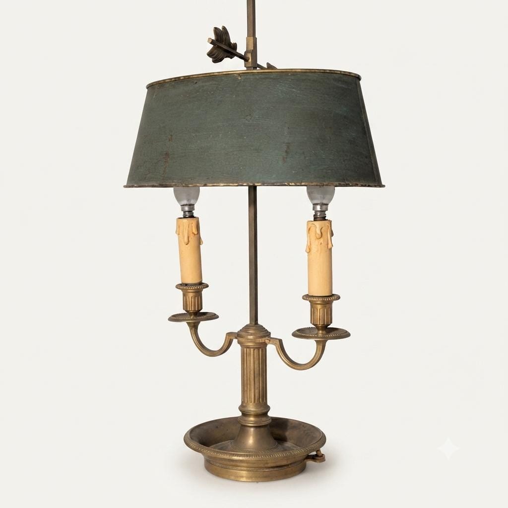 French Bouillotte Lamp, Louis XVI Style Two Light Lamp with Green Tole Shade — 19th Century Attribution