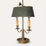 French Bouillotte Lamp, Louis XVI Style Two Light Lamp with Green Tole Shade — 19th Century Attribution