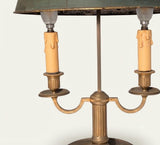 French Bouillotte Lamp, Louis XVI Style Two Light Lamp with Green Tole Shade — 19th Century Attribution