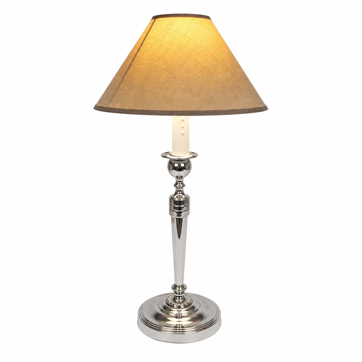 Silvered Candlestick Lamp, Empire Style Table Lamp with Beige Shade — French, Unpierced Conversion