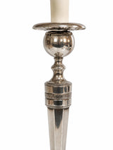 Silvered Candlestick Lamp, Empire Style Table Lamp with Beige Shade — French, Unpierced Conversion