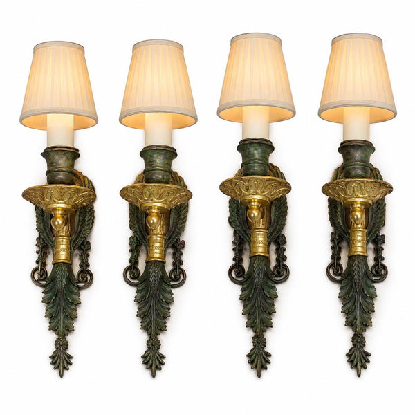 Empire Style Wall Sconces Set of Four, Swan and Palm Sconces, Two Tone Green Gilt Patina — French, Early 20th Century