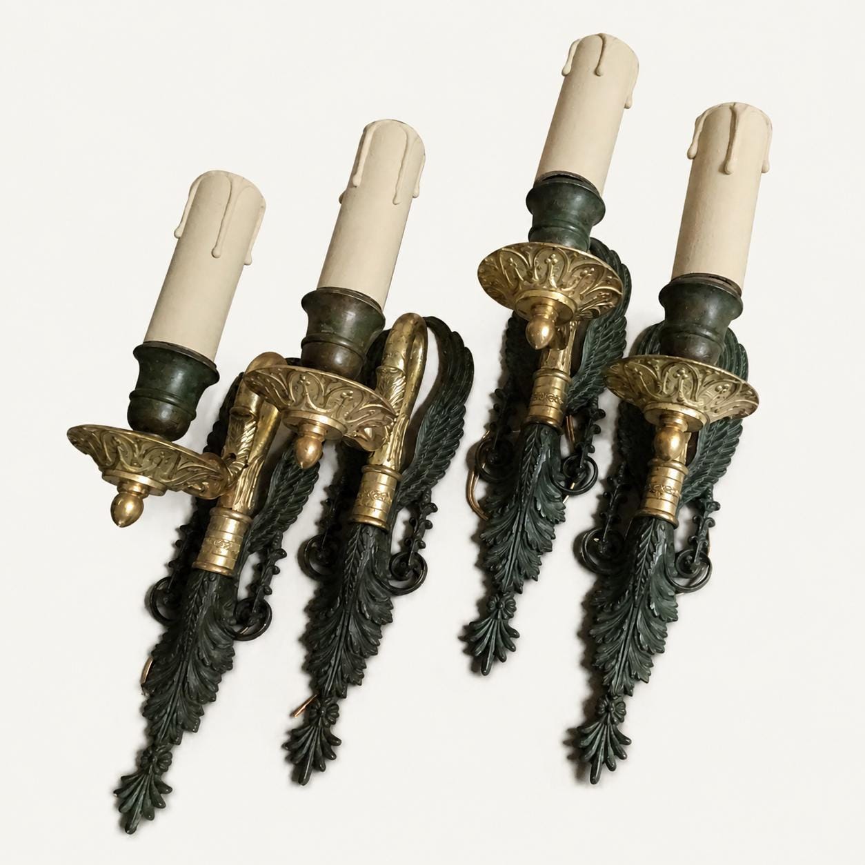 Empire Style Wall Sconces Set of Four, Swan and Palm Sconces, Two Tone Green Gilt Patina — French, Early 20th Century