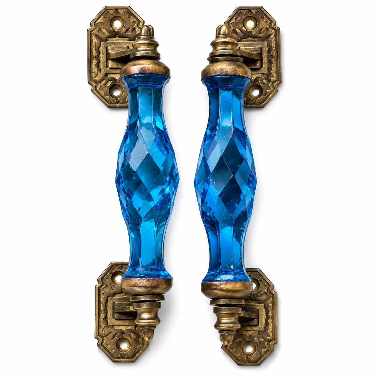 Vintage Cobalt Blue Cut Glass Door Pull, Faceted Glass Handle with Brass Hardware, Pair