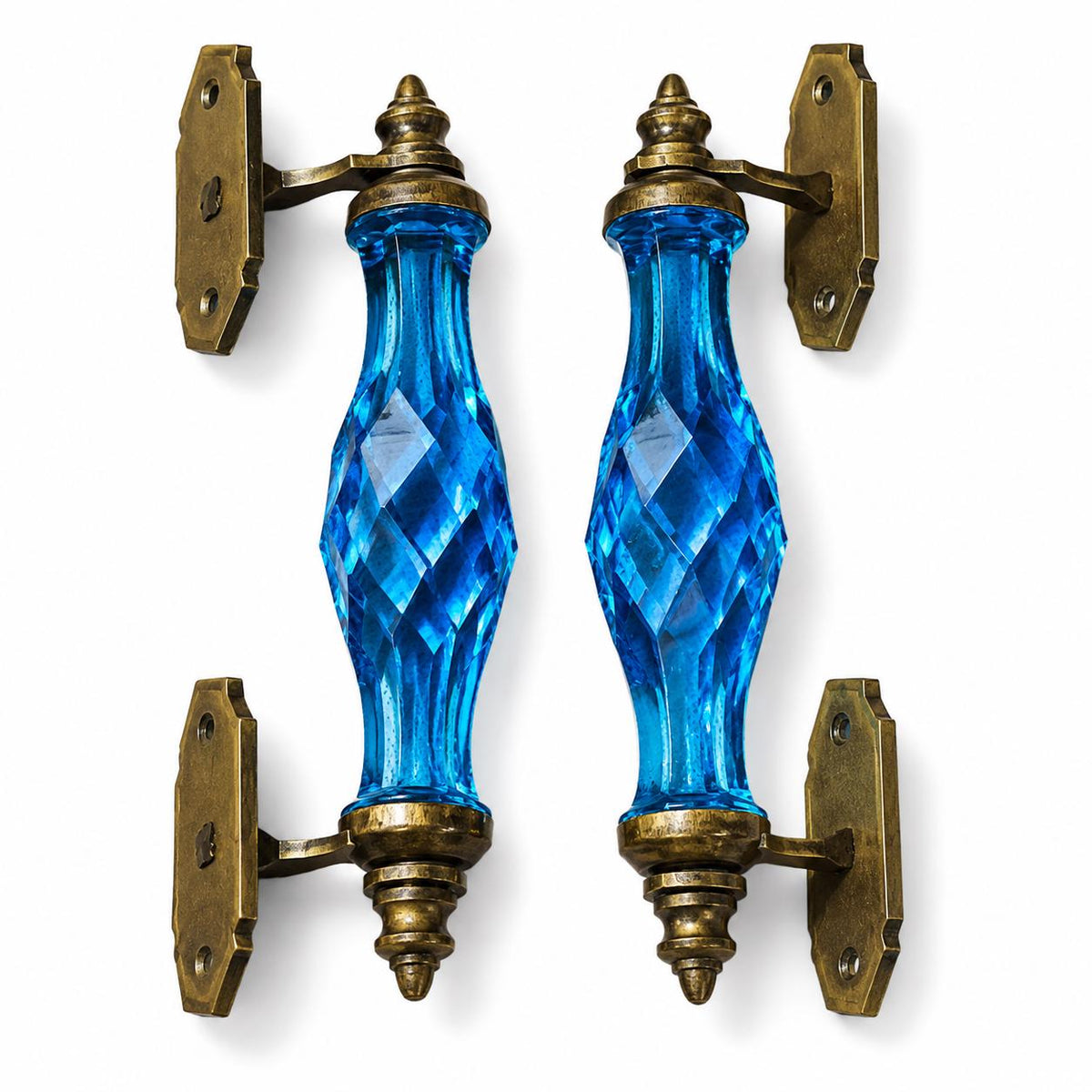Vintage Cobalt Blue Cut Glass Door Pull, Faceted Glass Handle with Brass Hardware, Pair