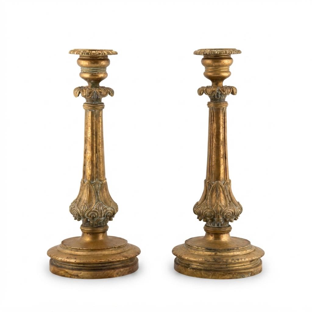 Pair of Antique Gilt Bronze Candlesticks, Neo-Gothic Style, 19th Century French Decor