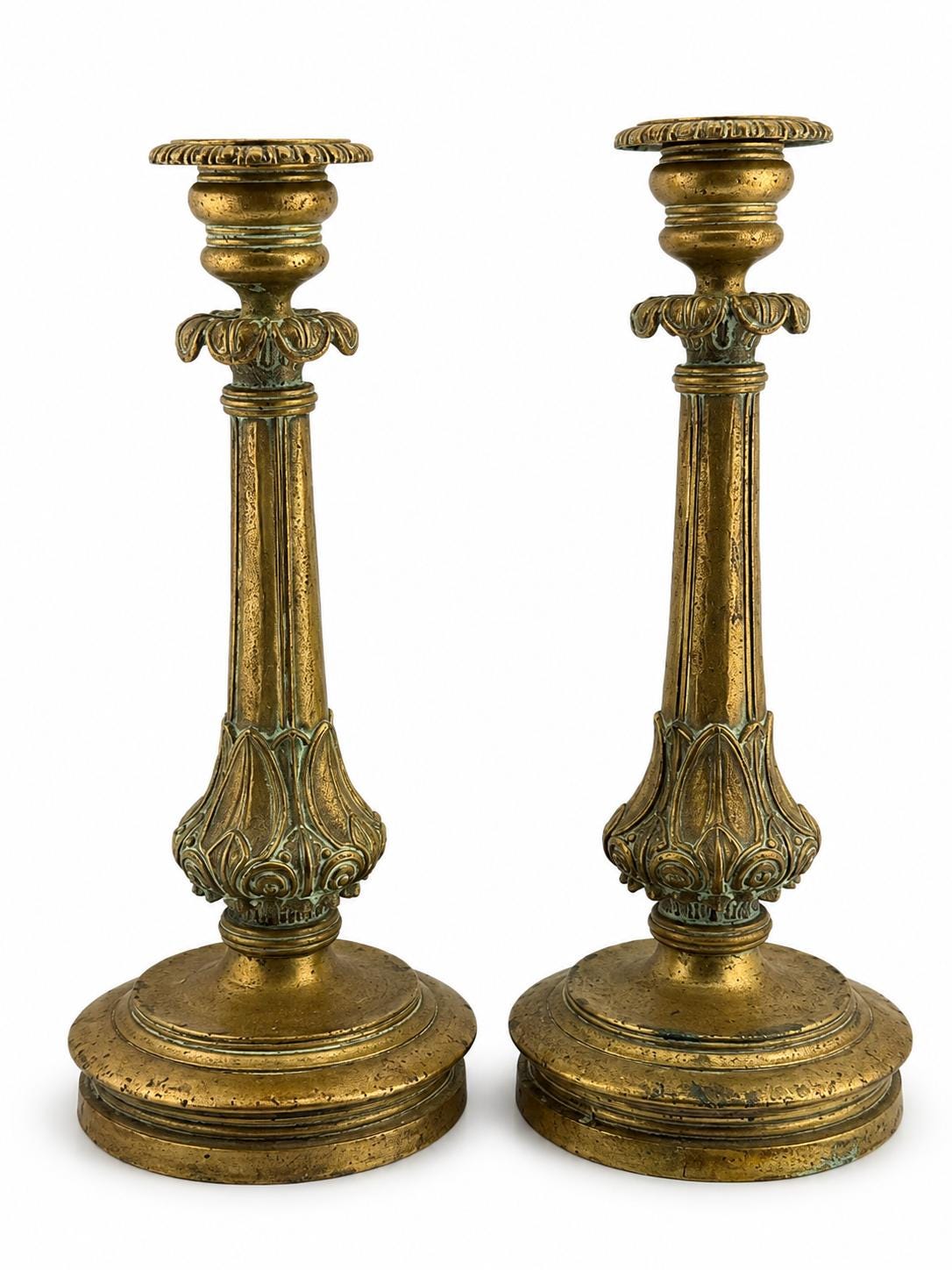 Pair of Antique Gilt Bronze Candlesticks, Neo-Gothic Style, 19th Century French Decor