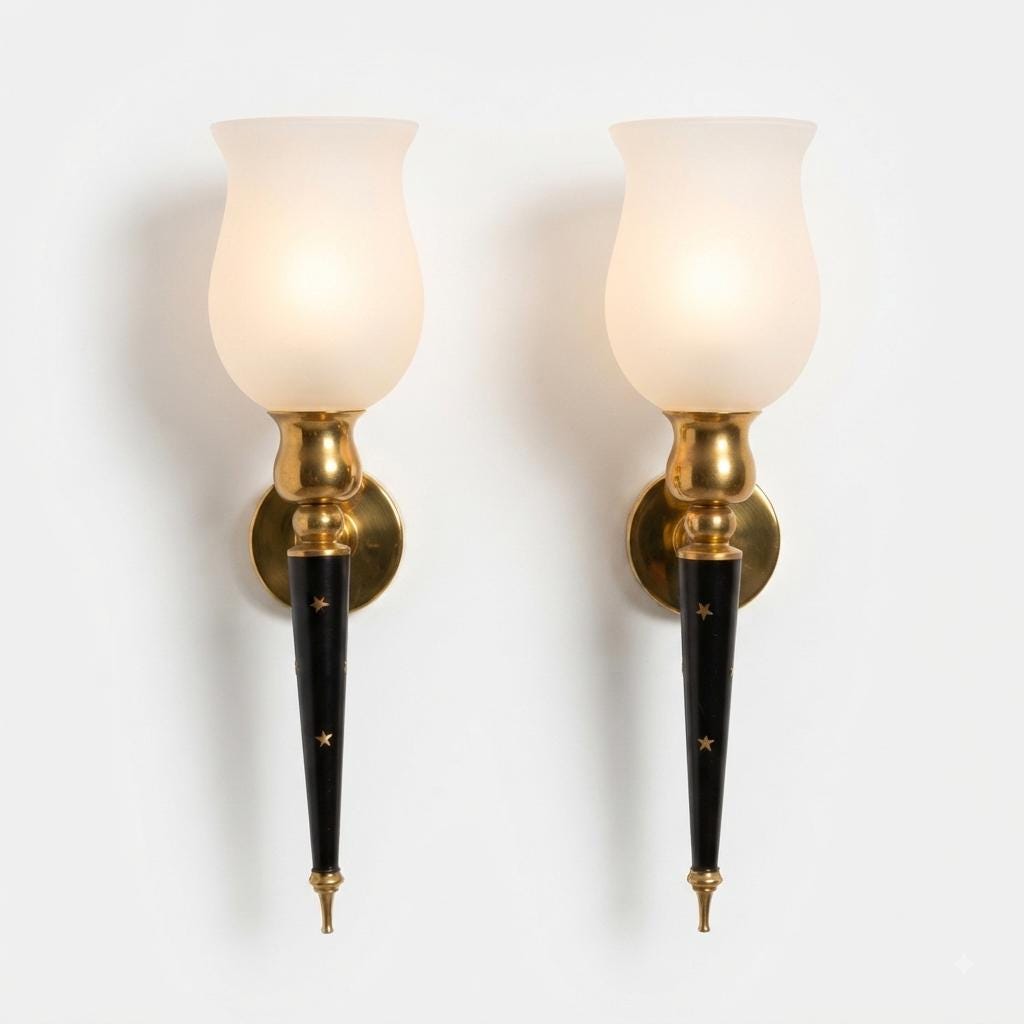 Torch Wall Sconces Pair, Black and Brass Star Sconces with Frosted Glass Shades — French, 1940s–50s
