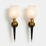 Torch Wall Sconces Pair, Black and Brass Star Sconces with Frosted Glass Shades — French, 1940s–50s