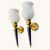 Torch Wall Sconces Pair, Black and Brass Star Sconces with Frosted Glass Shades — French, 1940s–50s