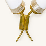 Mid Century Wall Sconces Pair, Double Brass Sconces with White Glass Cone Shades — French, 1960s