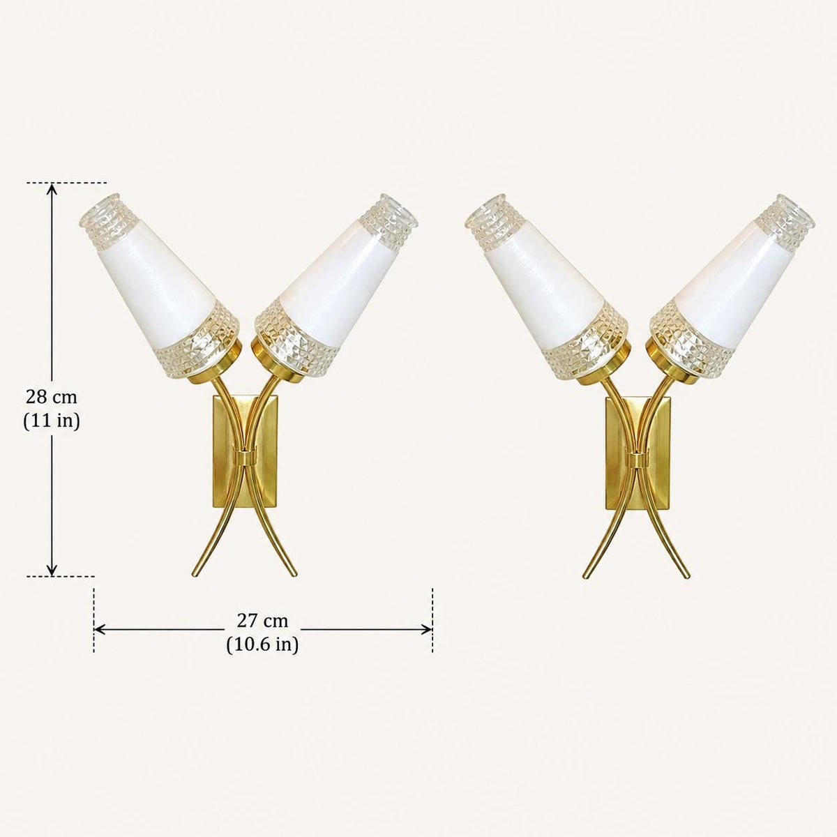 Mid Century Wall Sconces Pair, Double Brass Sconces with White Glass Cone Shades — French, 1960s