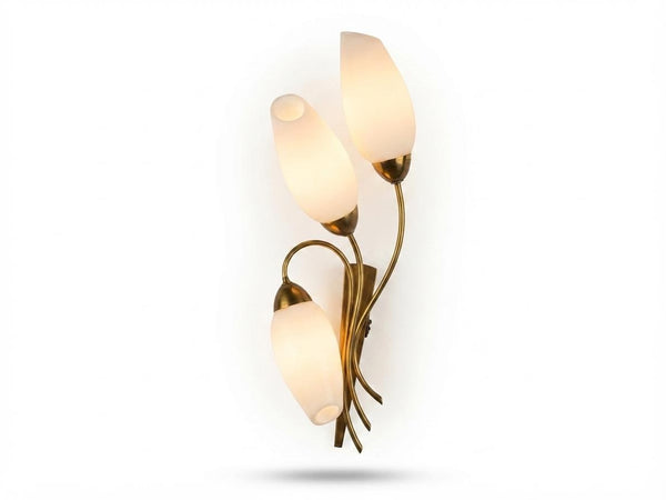 Tulip Wall Sconce, Three Light Brass Sconce with White Glass Tulip Shades — French, Mid Century